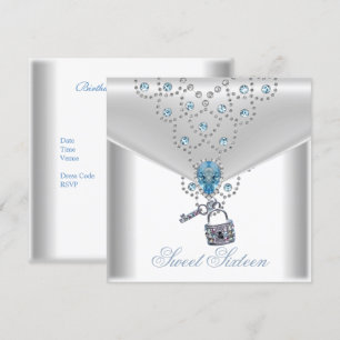 Sweet Sixteen 16 Elegant White Silver Blue Jewel Invitation