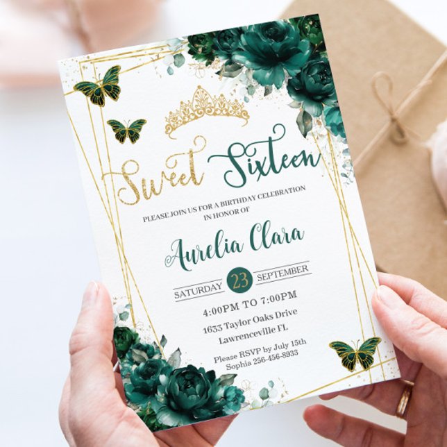 Sweet Sixteen 16 Emerald Green Floral Butterflies  Invitation (Creator Uploaded)