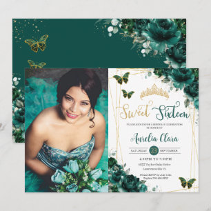 Sweet Sixteen 16 Emerald Green Floral Butterflies  Invitation