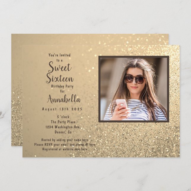 Sweet Sixteen 16 Gold Glitter Photo Birthday  Invitation (Front/Back)