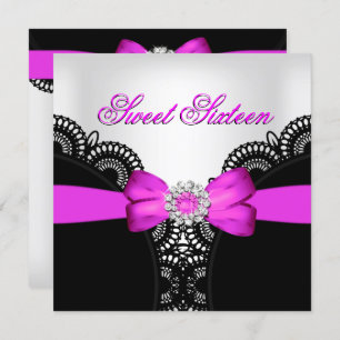Sweet Sixteen 16 Hot Pink Black White Lace Invitation