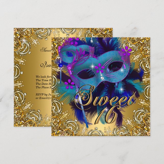 Sweet Sixteen 16 Masquerade Blue Gold Purple Invitation (Front/Back)