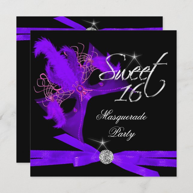 Sweet Sixteen 16 Masquerade Purple Black Invitation (Front/Back)