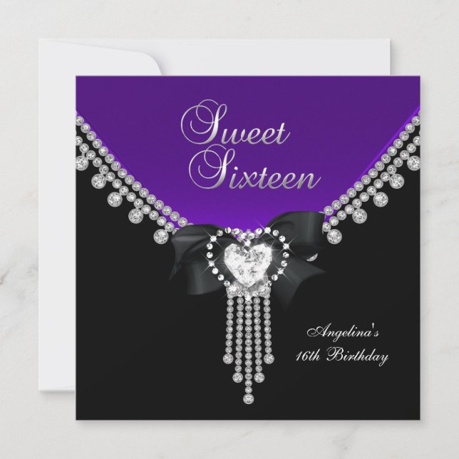 Sweet Sixteen 16 Party Black Purple Diamond Invitation (Front)