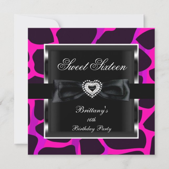 Sweet Sixteen 16 Party Hot Pink Animal Print Black Invitation (Front)