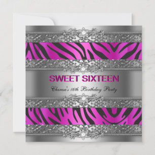 Sweet Sixteen 16 Party Hot Pink Silver Zebra Black Invitation