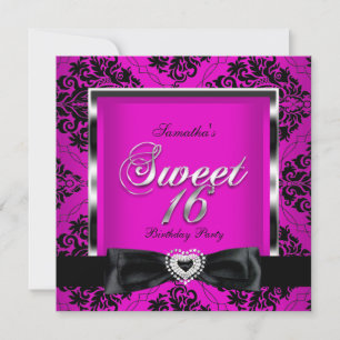 Sweet Sixteen 16 Party Pink Black Damask Silver Invitation