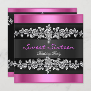 Sweet Sixteen 16 Party Pink Black Silver White Invitation