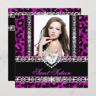 Sweet Sixteen 16 Party Pink Leopard Diamond Invitation