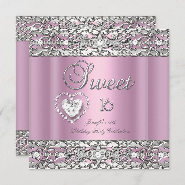 Sweet Sixteen 16 Party Pink Silver Diamond Invitation (Front/Back)