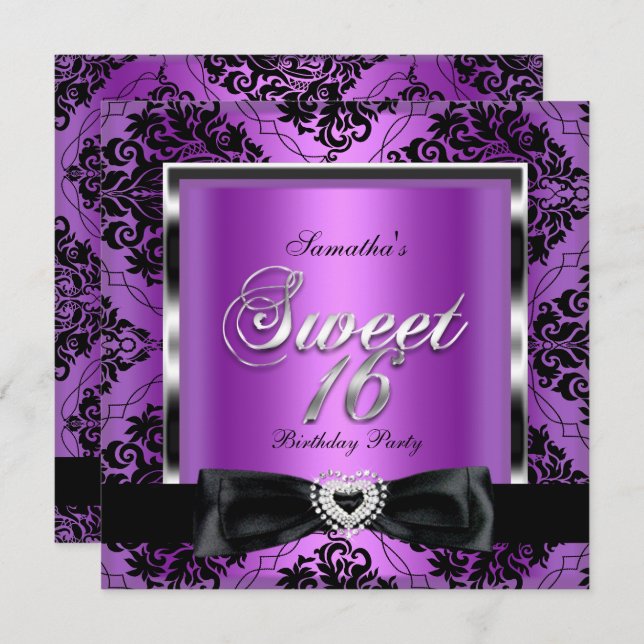 Sweet Sixteen 16 Party Purple Damask Silver Black Invitation (Front/Back)