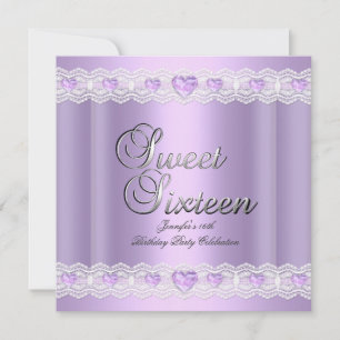 Sweet Sixteen 16 Party Purple Silver Lilac Hearts Invitation