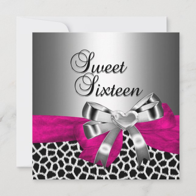Sweet Sixteen 16 Party Silver Pink Black Giraffe Invitation (Front)