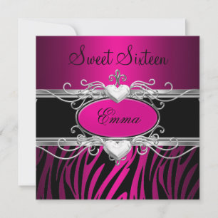 Sweet Sixteen 16 Party Silver Pink Black Leopard Invitation