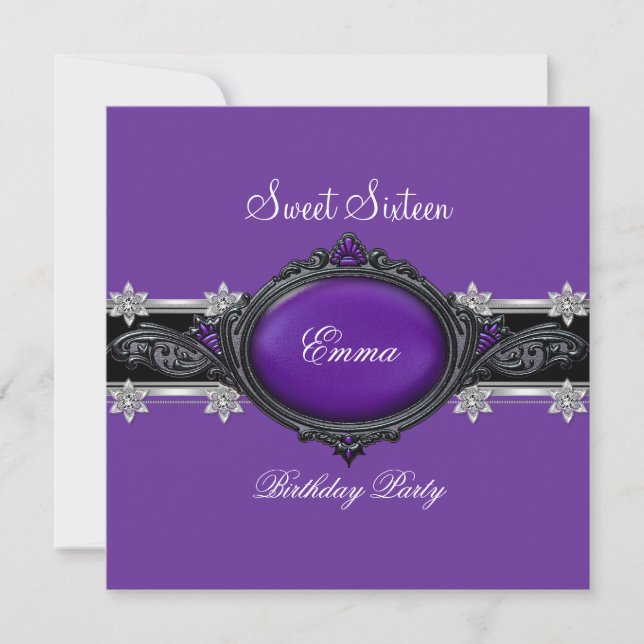 Sweet Sixteen 16 Party Silver Purple Black Jewel Invitation (Front)