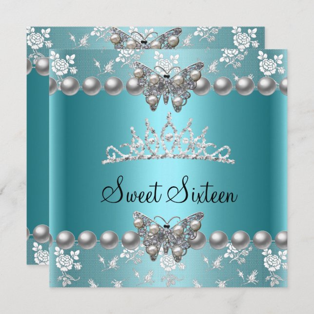 Sweet Sixteen 16 Party Teal Blue Pearl Butterfly Invitation (Front/Back)
