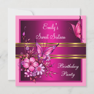 Sweet Sixteen 16 Pink Flowers Butterfly Birthday Invitation