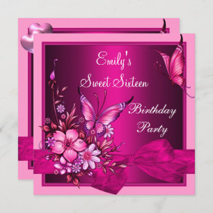 Sweet Sixteen 16 Pink Flowers Butterfly Birthday Invitation