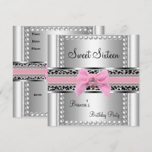 Sweet Sixteen 16 Pink Lace Silver Pearl Leopard Invitation