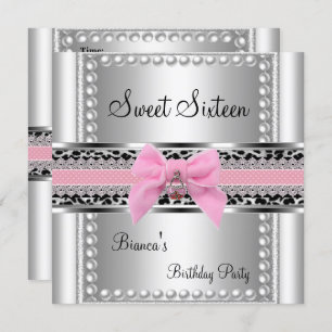 Sweet Sixteen 16 Pink Lace Silver Pearl Leopard Invitation