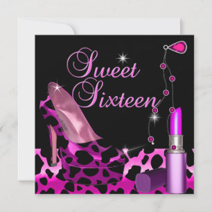 Sweet Sixteen 16 Pink Leopard Shoe Lipstick Invitation
