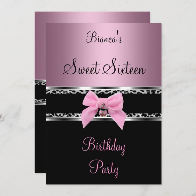 Sweet Sixteen 16 Pink Silver Black Zebra Leopard 3 Invitation (Front/Back)