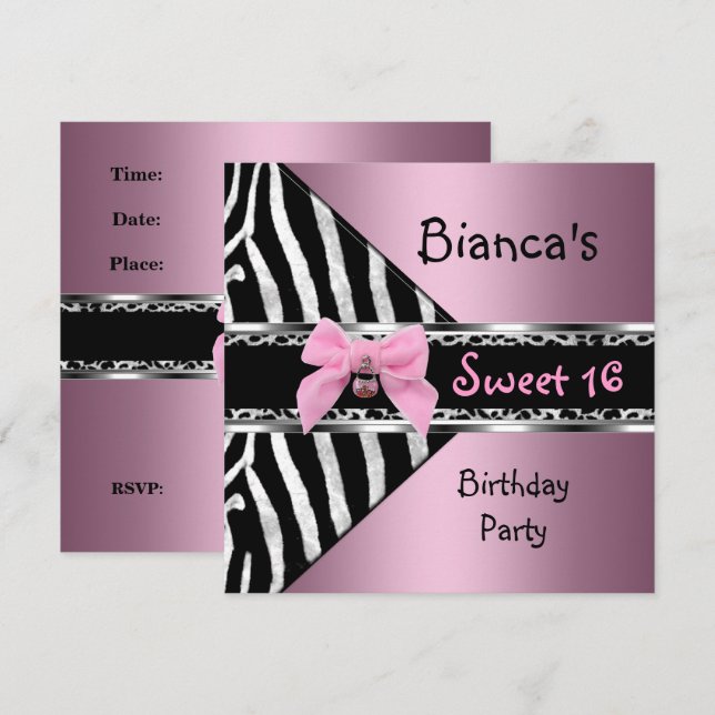 Sweet Sixteen 16 Pink Silver Black Zebra Leopard Invitation (Front/Back)