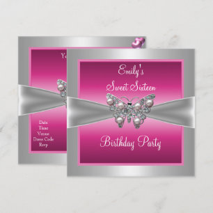 Sweet Sixteen 16 Pink Silver Butterfly Birthday 4 Invitation