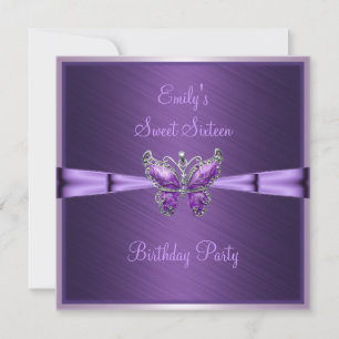 Sweet Sixteen 16 Purple Butterfly Birthday 2 Invitation