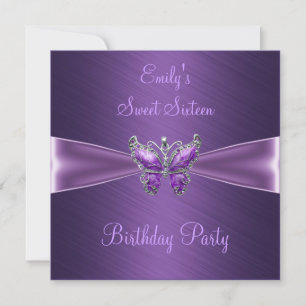 Sweet Sixteen 16 Purple Butterfly Birthday Invitation