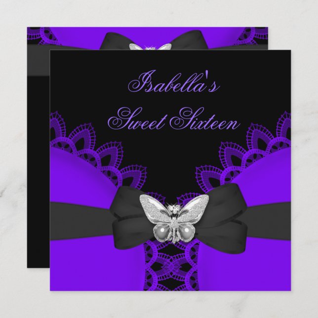 Sweet Sixteen 16 Purple Butterfly White Lace Invitation (Front/Back)