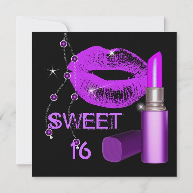 Sweet Sixteen 16 Purple Hot Pink Lips Lipstick Invitation (Front)