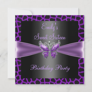 Sweet sixteen 16 Purple Mauve Black Butterfly Invitation