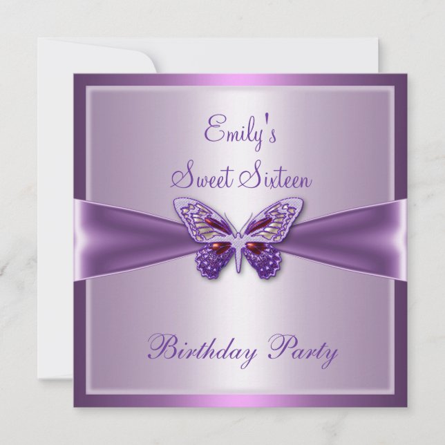 Sweet Sixteen 16 Purple Mauve Butterfly Birthday Invitation (Front)