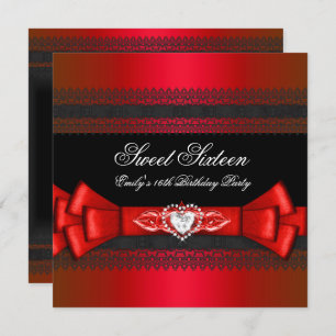 Sweet Sixteen 16 Red Black Diamond Bow Invitation