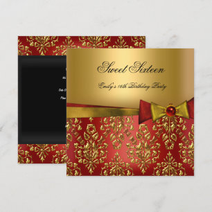 Sweet Sixteen 16 Red Black Gold Damask Bow Invitation