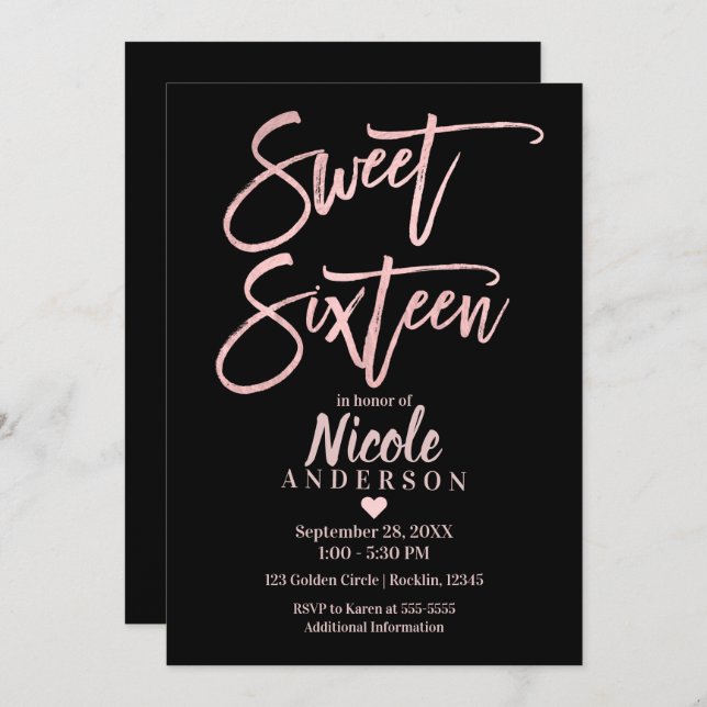 SWEET SIXTEEN 16 Rose Gold Foil & Black Modern Invitation (Front/Back)