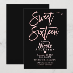 SWEET SIXTEEN 16 Rose Gold Foil & Black Modern Invitation