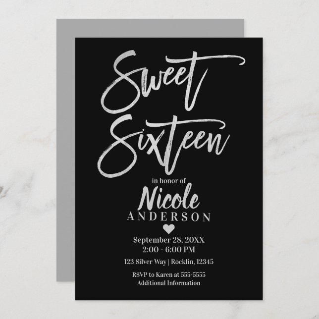 SWEET SIXTEEN 16 Silver Grey Foil & Black Modern Invitation (Front/Back)