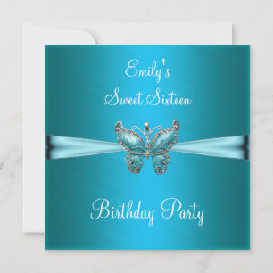 Sweet Sixteen 16 Teal Blue Butterfly Birthday Invitation
