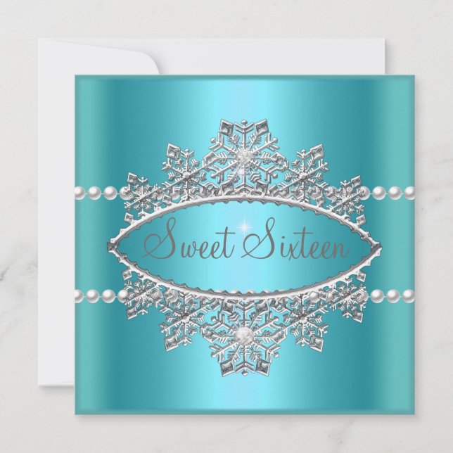 Sweet Sixteen 16 Teal Blue Tiara Pearl Silver Invitation (Front)