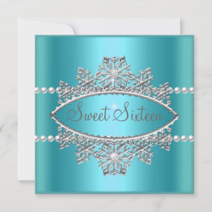 Sweet Sixteen 16 Teal Blue Tiara Pearl Silver Invitation