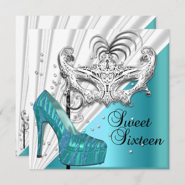 Sweet Sixteen 16 Teal Silver Masquerade Mask 2 Invitation (Front/Back)