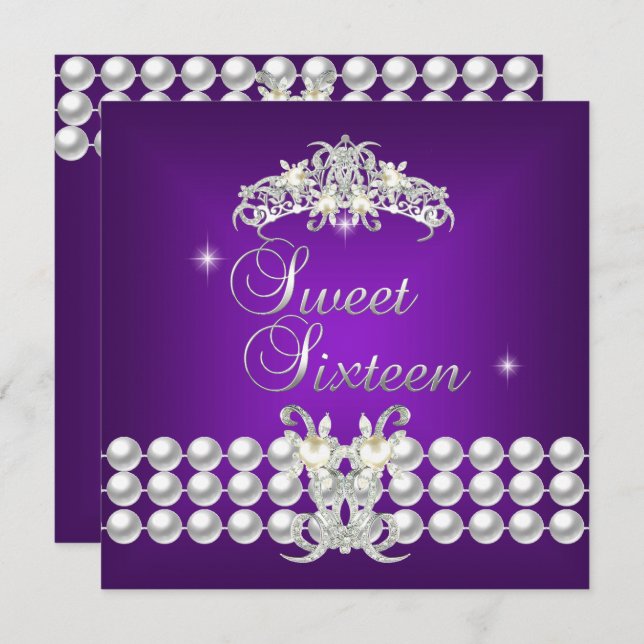 Sweet Sixteen 16 Tiara Purple Silver White Pearl Invitation (Front/Back)