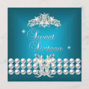 Sweet Sixteen 16 Tiara Teal Blue White Pearl Invitation