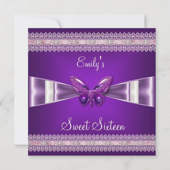 Sweet Sixteen 16 White Purple Butterfly Invitation (Front)
