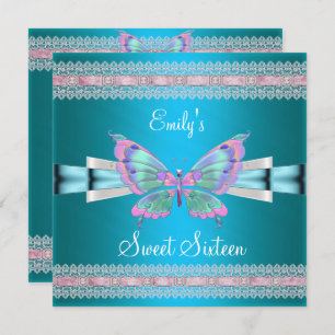 Sweet Sixteen 16 White Teal Blue Pink Butterfly Invitation