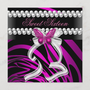 Sweet Sixteen 16 Zebra Butterfly Black Pink White Invitation
