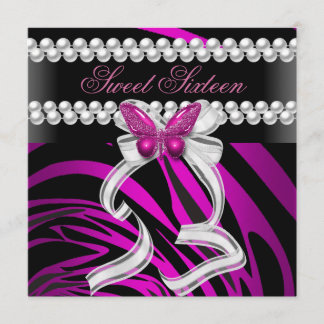 Sweet Sixteen 16 Zebra Butterfly Black Pink White Invitation