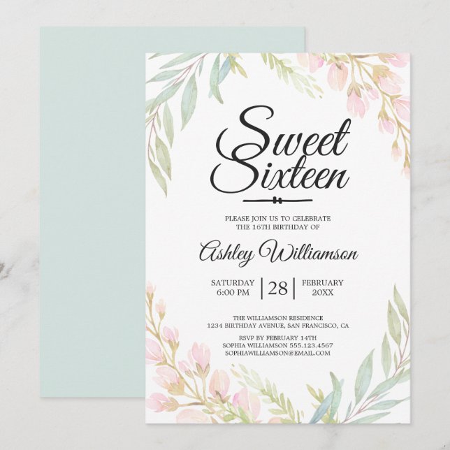 Sweet Sixteen 16th Birthday Blue Pink Floral Invitation (Front/Back)